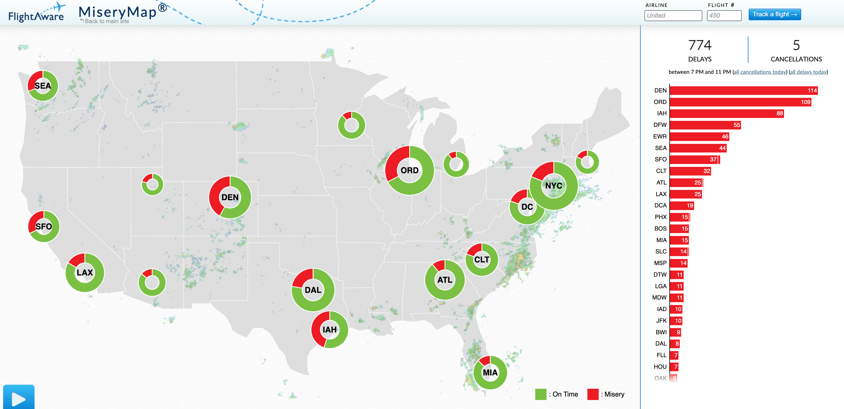 FlightAware Misery Map.